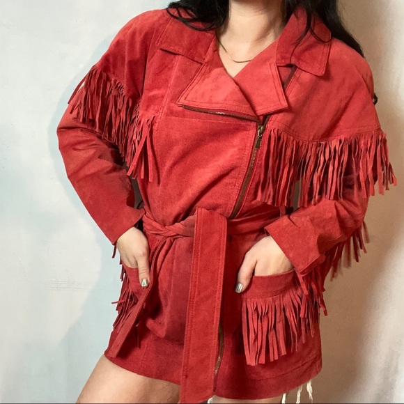 VINTAGE 100% LEATHER RED FRINGE SHORT TRENCH COAT - Picture 5 of 9